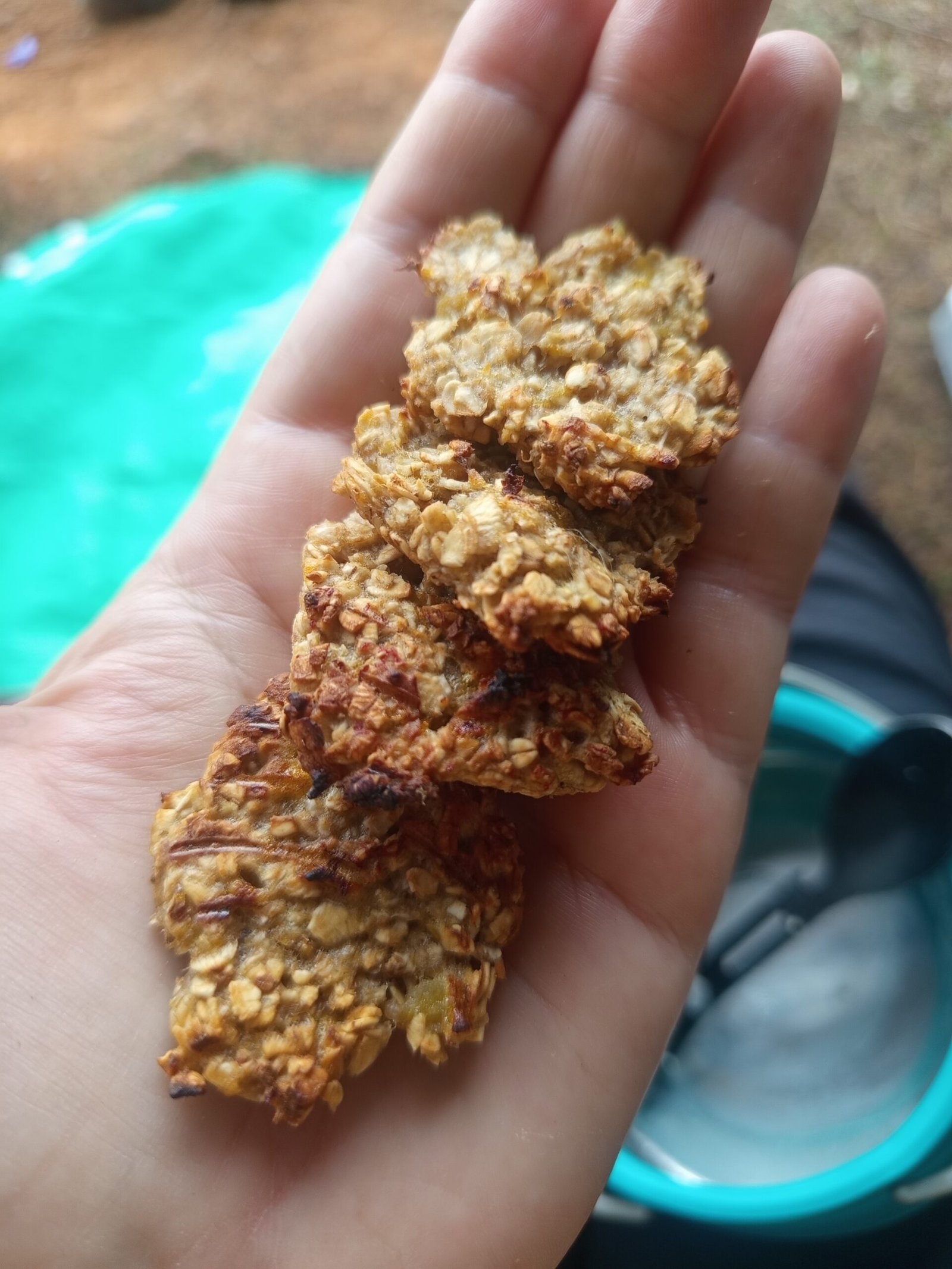 Die selbst gebackenen Bananen-Haferflocken-Plätzchen in meiner Hand beim Camping