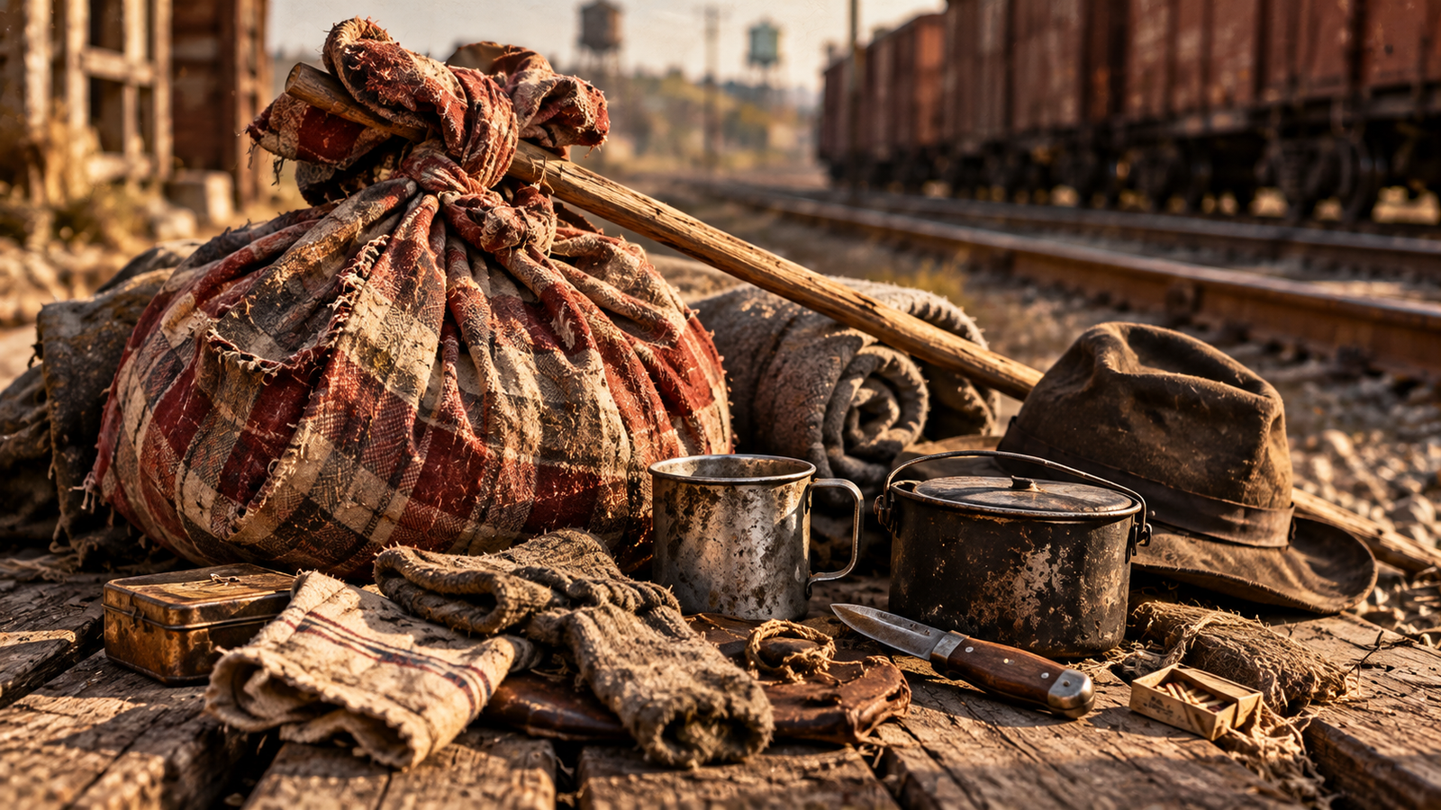 Historisches Hobo-Bindle mit Decke und wenigen persönlichen Gegenständen