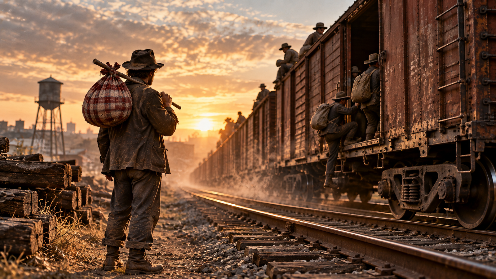 Güterzug und Hobo an den Eisenbahngleisen während der Great Depression