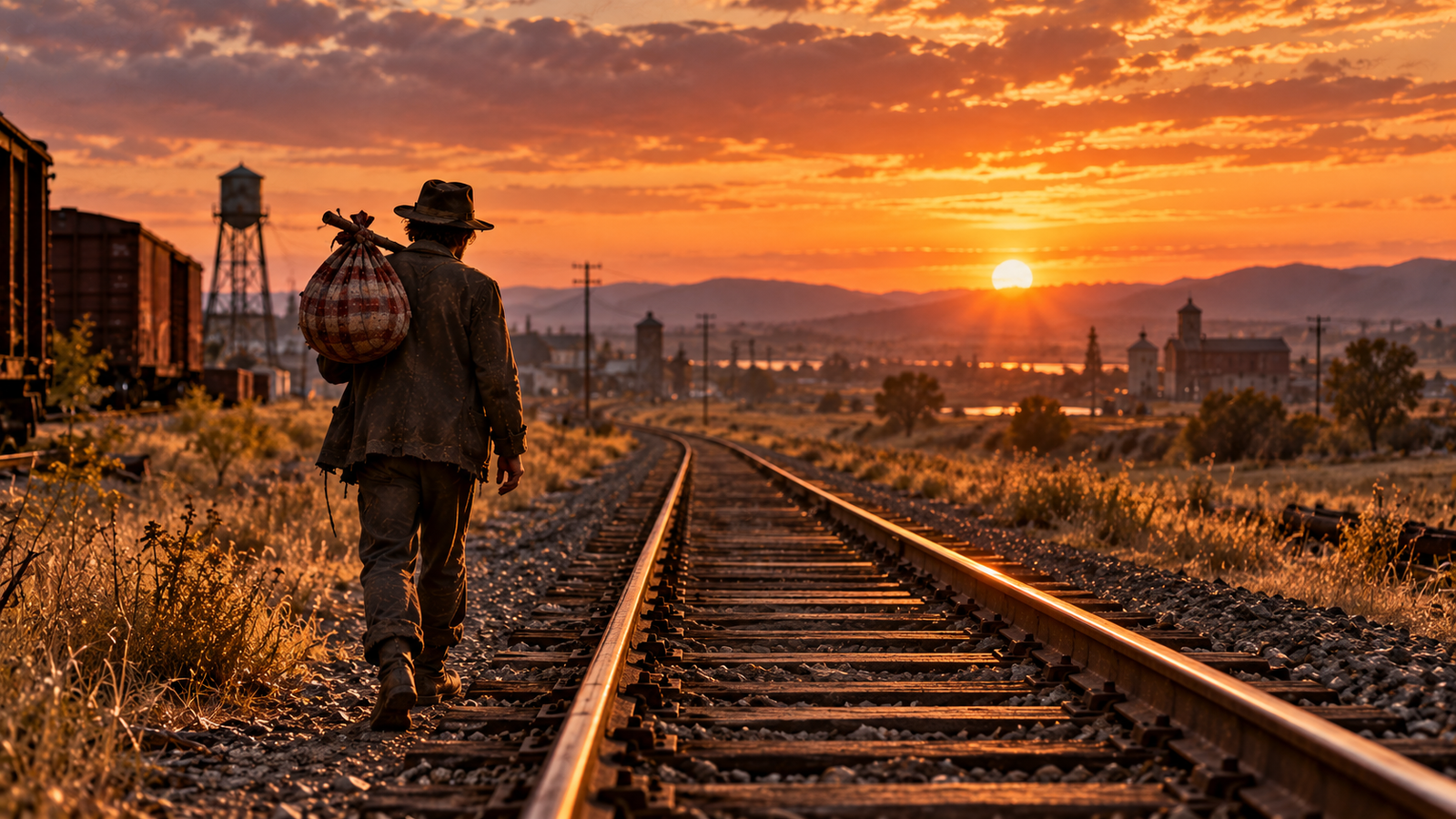 Einsamer Hobo mit Bindle auf einem Weg entlang einer Eisenbahnstrecke