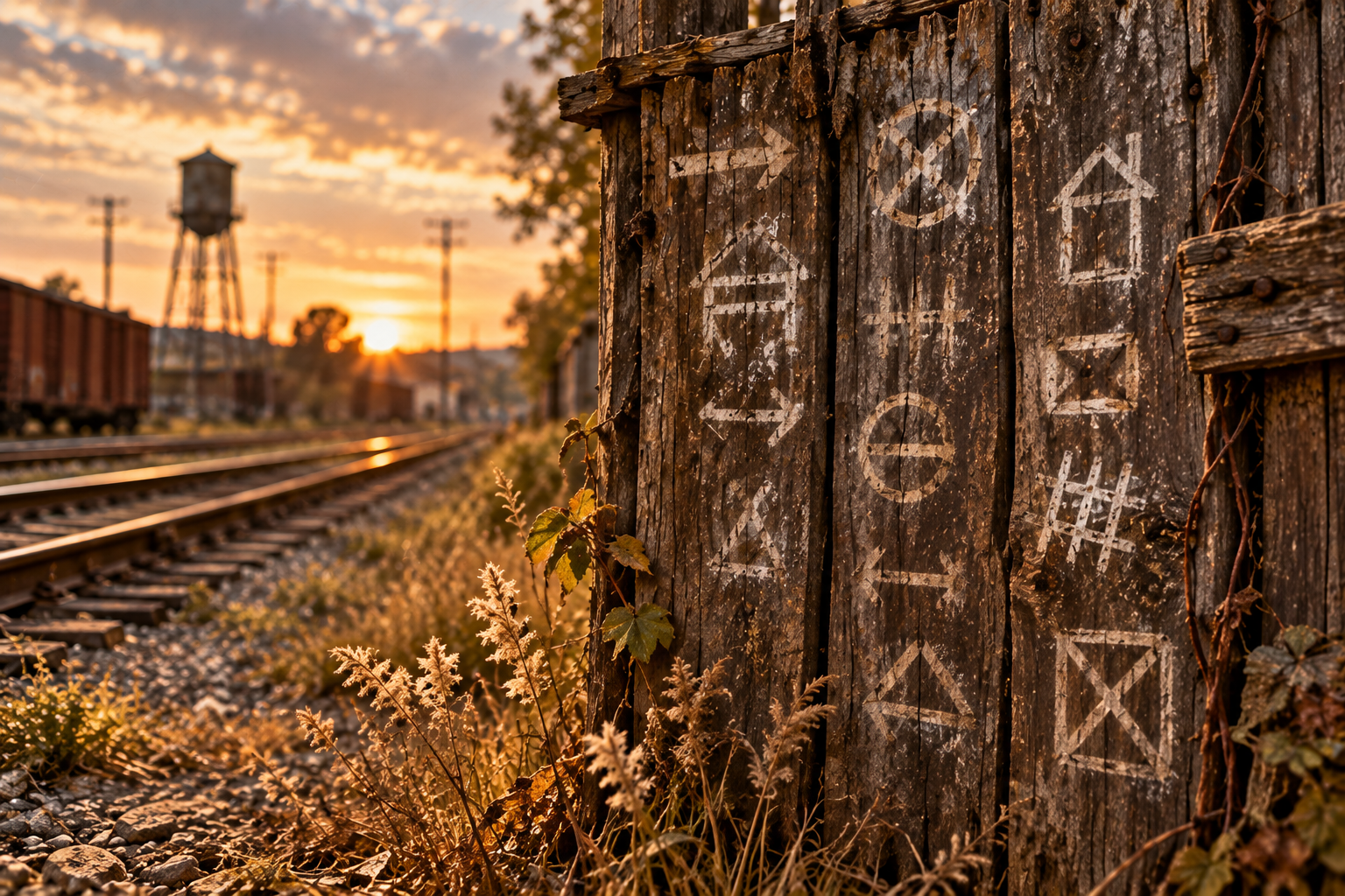 Historisch anmutende Hobo-Zeichen an einem Zaun nahe einer Eisenbahnstrecke