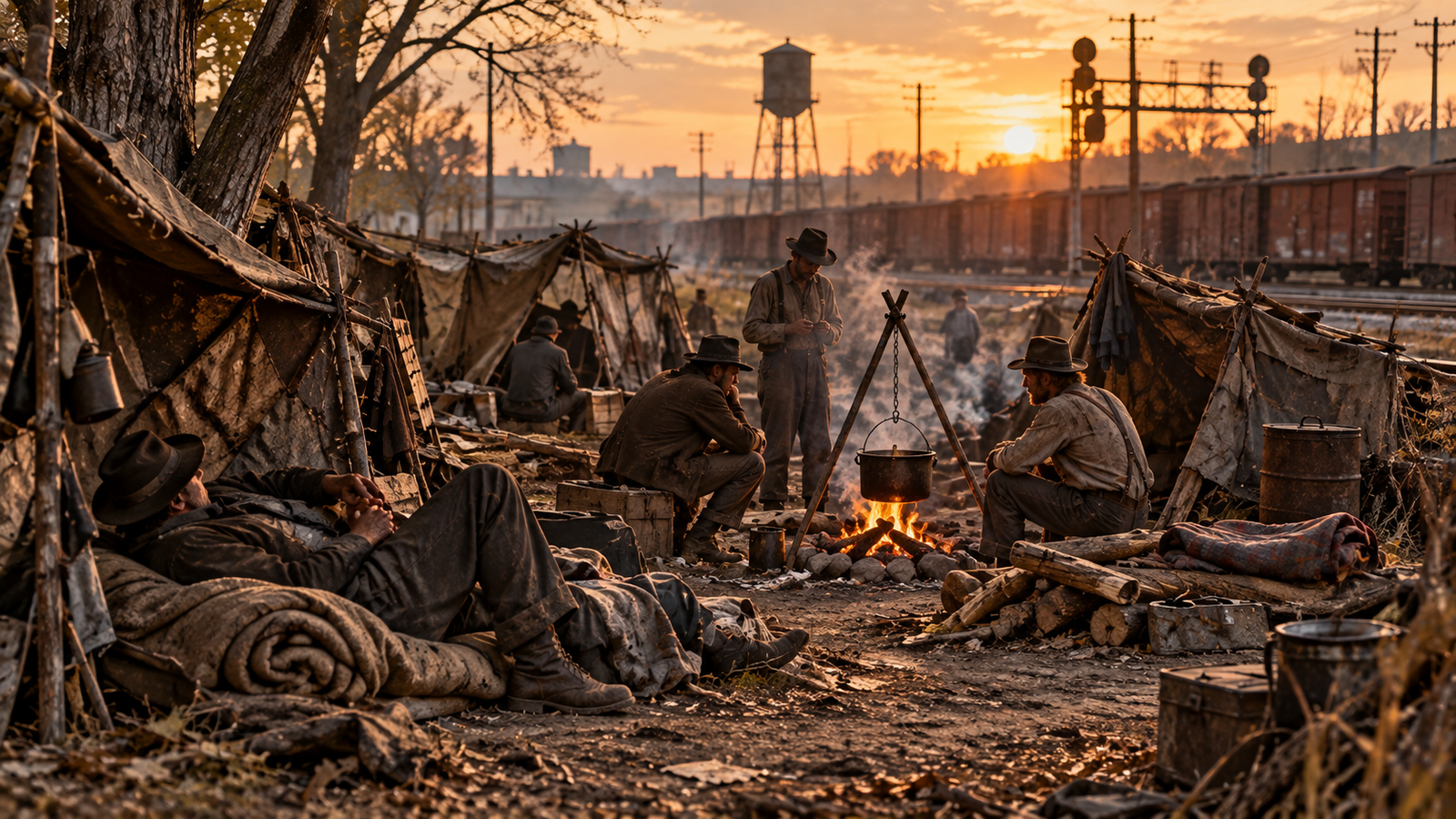Hobo Jungle mit improvisierten Unterkünften und Feuer bei einer Eisenbahnstrecke
